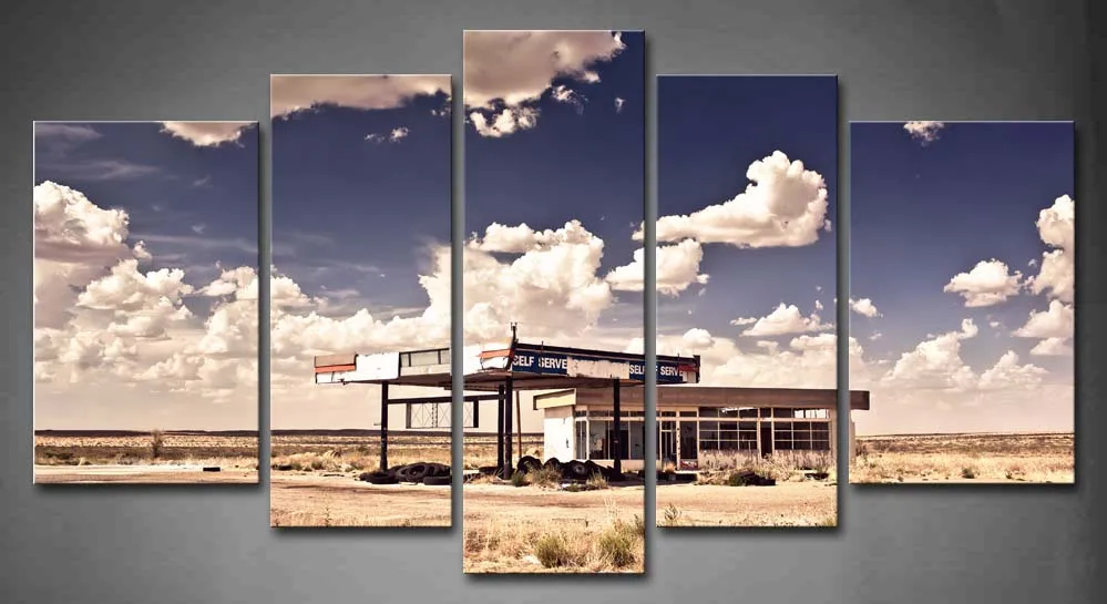 

5 Pics Framed Wall Art Picture Gas Station Ghost Town Desert Canvas Print Car Modern Poster With Wooden Frames For Decor