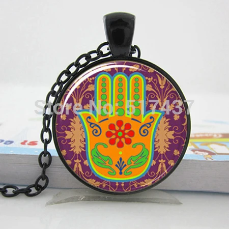 

Hamsa Hand Necklace, Protection Pendant, Good Fortune Charm Glass dome Cabochon Necklace