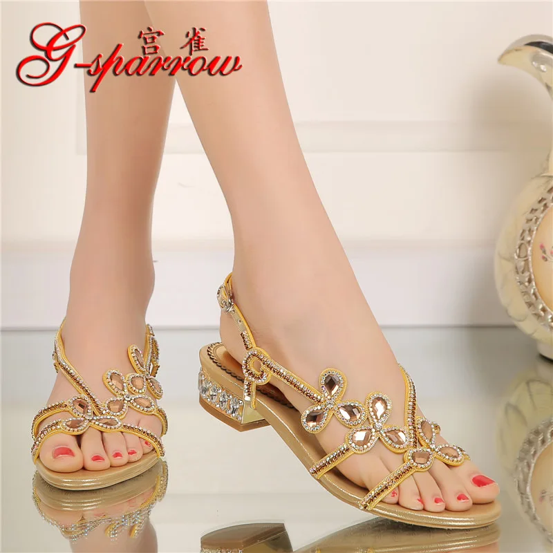 

G-SPARROW 2017 New Ladies Summer Sandals Shoes Low Heels Rough Diamond Decoration Size 34-44 Luxury Gold Fashion Women Sandals