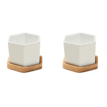 

WINOMO 2 Sets of White Ceramic Hexagonal Succulent Containers Plant Pot Cactus Planter Pot with Bamboo Tray