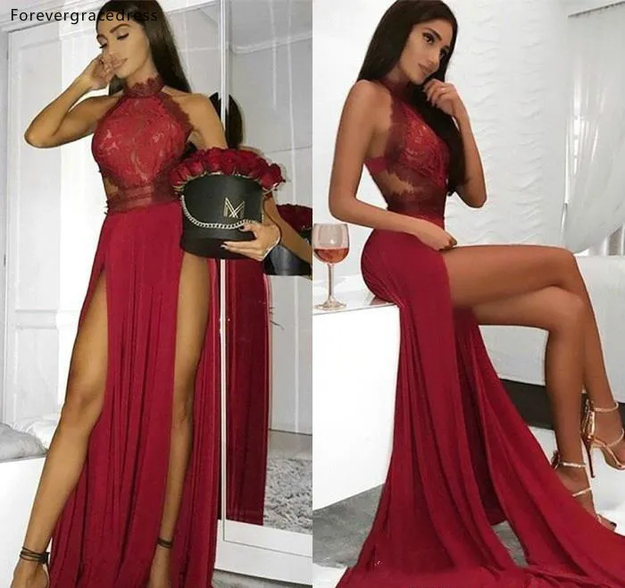 Sexy Side Splits Halter Burgundy Prom Dresses A Line Appliques Top Chiffon Sexy Backless Long Vestidos Evening Gowns BC0909  119 (4)