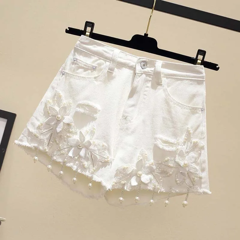 Большие размеры короткие женские джинсы Харадзюку шорты с жемчугом и бусинами 5xl