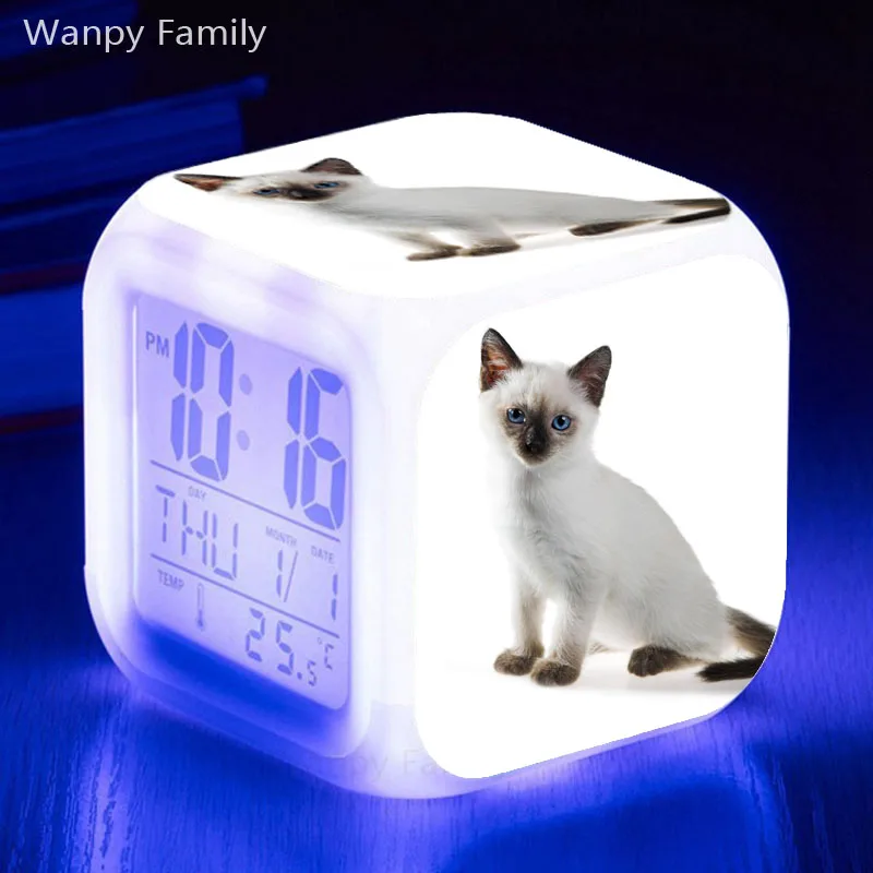 Милый питомец кошка котенок Будильник 7 цветов светодиодный светящийся цифровой будильник для детской комнаты ночной Светильник электронные часы - Цвет: Черный