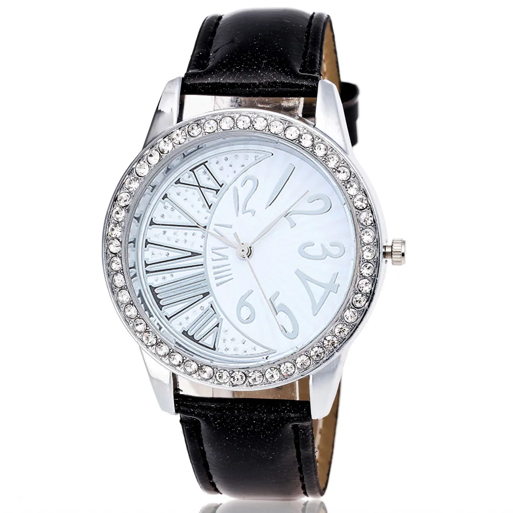 

2017 new fashion brand women watches Crystal round dial leather ladies clock Simple elegant black white blue quartz watches