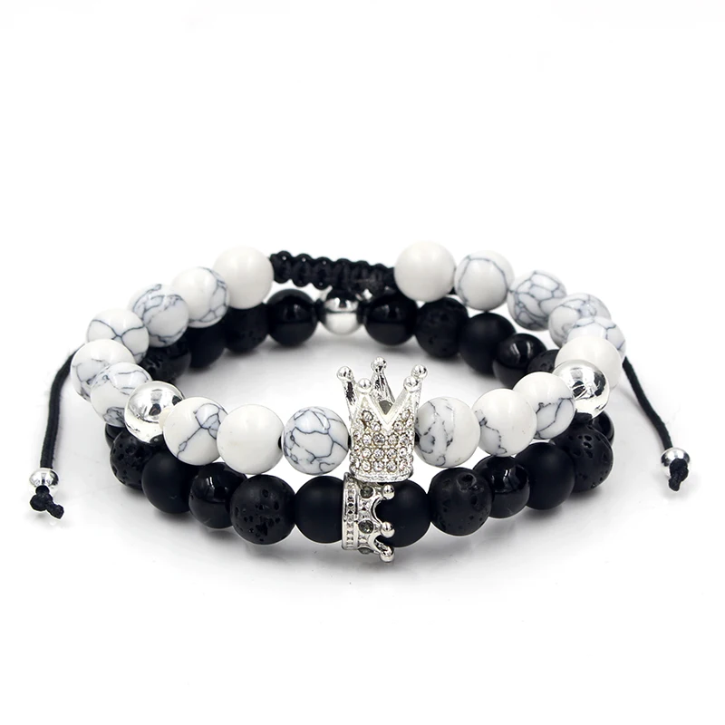 CZ Crown Charms Stone Beads Men Couple Bracelets Jewelry For Women 2Pcs/Set Bangles Sets Masculina Bileklik Pulseira Feminina bracelet jewelry