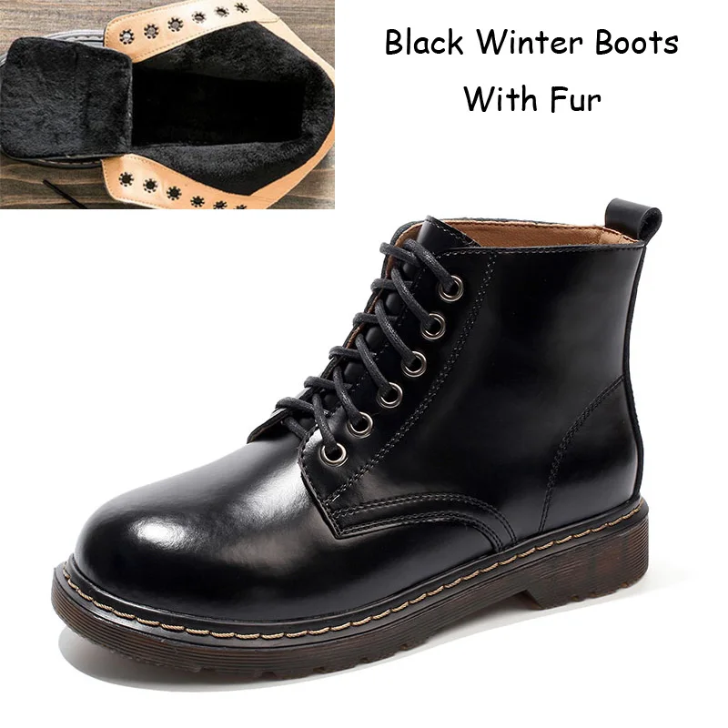 Baimier/женские ботильоны из натуральной кожи в стиле ретро; женские ботинки с круглым носком в британском стиле; теплые плюшевые женские зимние ботинки на платформе - Цвет: Black Winter Boots