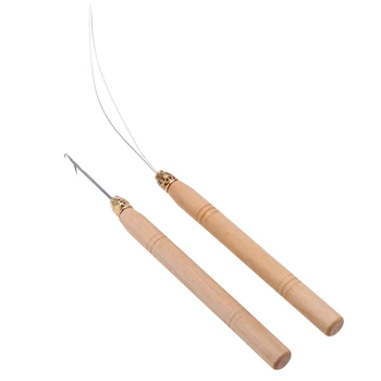 

New 2Pcs Hair Extension Hook Pulling Tool Needle Threader Micro Rings Link Beads Loop Wooden Handle With Iron Wire Wholesale J11