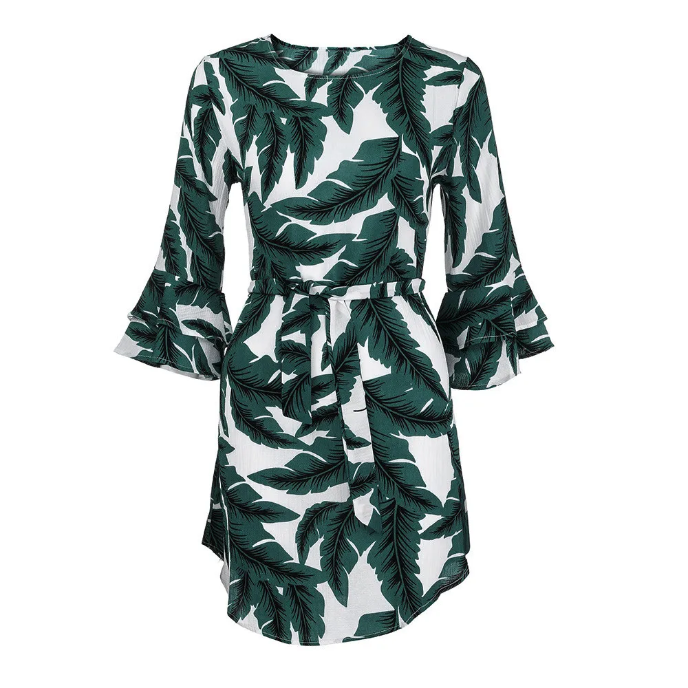 Women Green Leaf Printed Dress Ladies Three Quarter Length Sleeve Boho ...