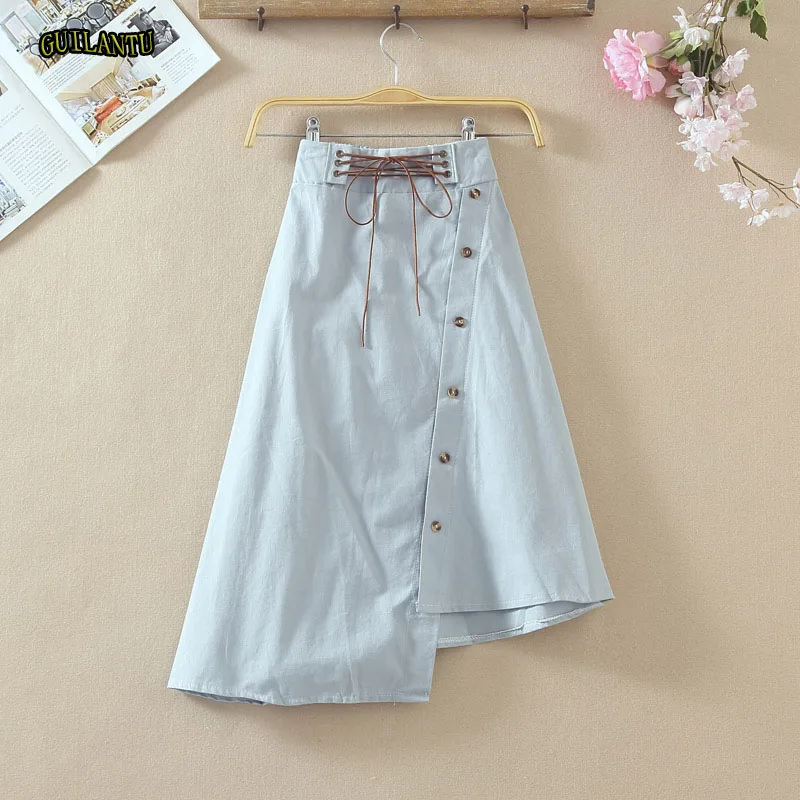 

fashion High Waist long skirt women casual Button Irregularity White blue Lace Up Bandage wrap summer midi skirt Streetwear