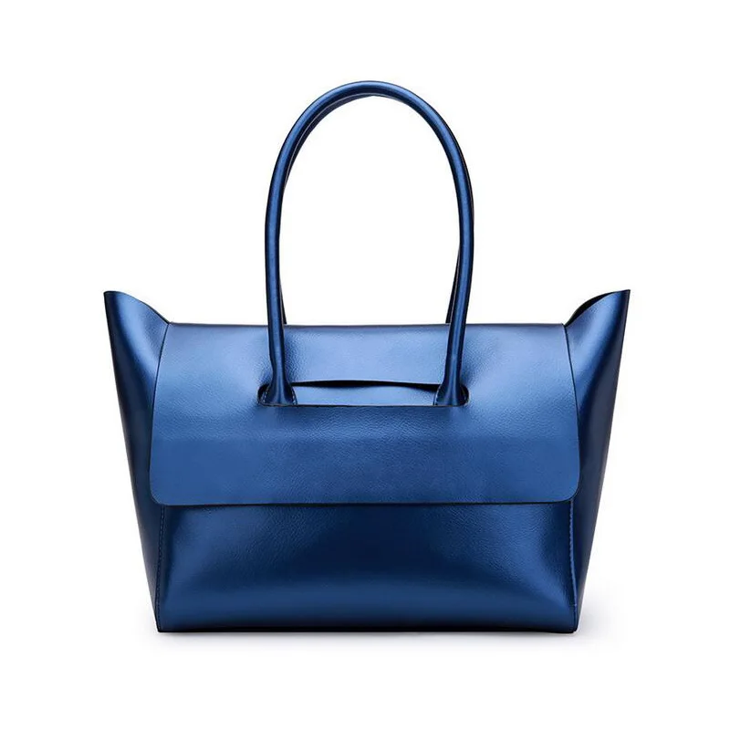 

Fashion Handbags Women Shoulder Bags Female Genuine Leather Brand Tote Lady Blue Silver Top-handle Bags Luxury Trapeze Hand Bags