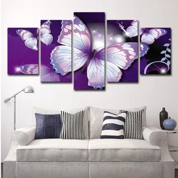 

5 Piece Large Modern Purple Butterfly Prints Posters Artwork Gallery Wrapped Pictures Paintings Canvas Wall Art for Living Room