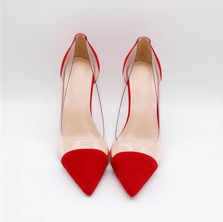 Pointy Toe Red Patent Leather Ladies Shoes Transparent PVC