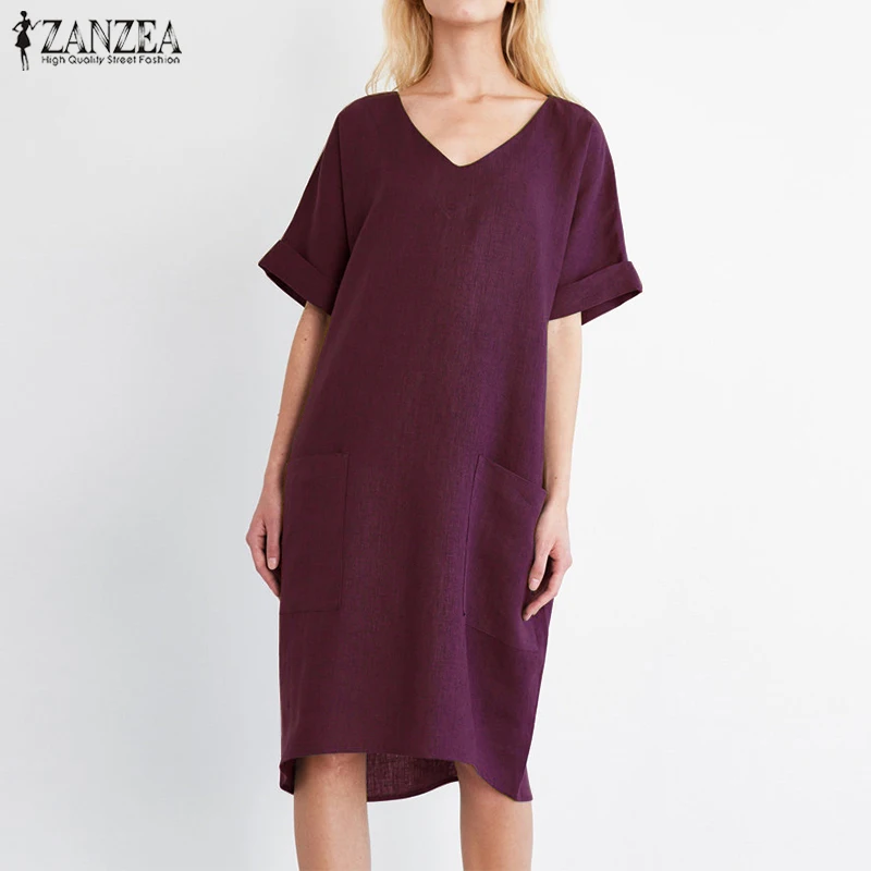 Womens Summer Solid Crew Neck Short Sleeve Cotton Linen Loose Beach Dresses Casual Loose Midi Dress with Pocket