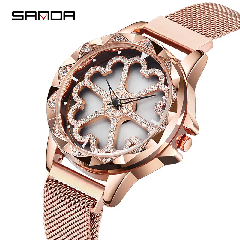 

SANDA New Creative Design Magnetic Buckle Watch Women Watches 360 Rotation Ladies Diamond Watch Steel Mesh Strap Bracelet Watch