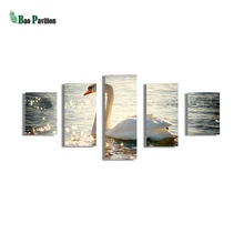 

A swan is in the lake canvas wall art print home decor for living room pictures 5 panel large poster HD printed