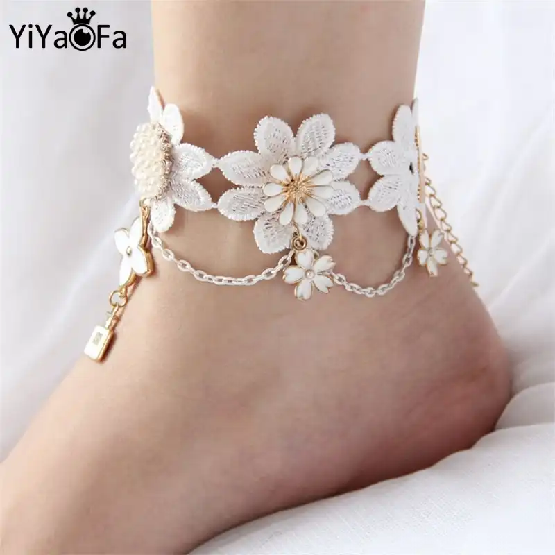 Gothic Lace Pearl Anklet Handmade Lace Anklet With Crystal Pendant Decoration,Bridal Accessories,Lace Jewelry,Foot Chian,Foot Decoration
