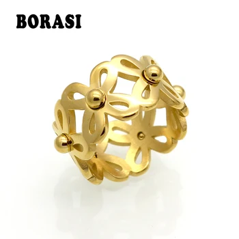 

Mopera Brand New Stainless Steel Hollow Flower Geometric Rings For Women Gold Color 11mm Wide Female Ring Trendy Jewelry