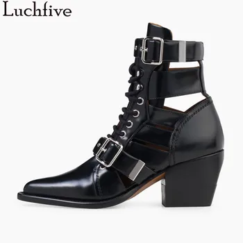 

2018 Runway design Genuine Leather ankle boots for women cut out Buckle Straps high Heels Motorcycle martin Boots Autumn shoes