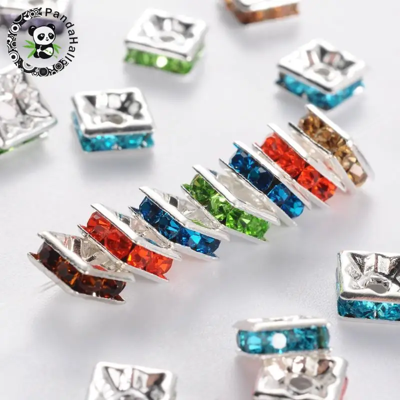 

100pcs Mixed Color Square Brass Rhinestone Beads Spacer Beads for Jewelry Making DIY Findings Grade A Nickel Free 6x6x3mm