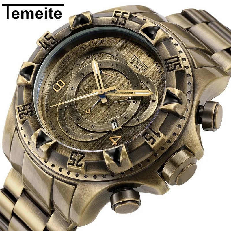

mens watch TEMEITE brand men wristwatch quartz stainless steel waterproof man watches Large dial Retro Bronze men's watch