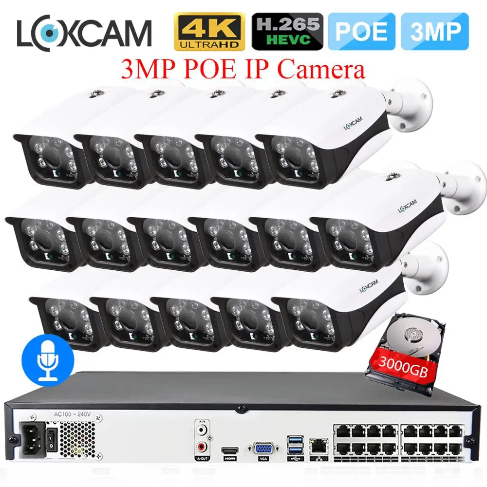 LOXCAM H.265 + система видеонаблюдения 16CH 5MP POE NVR комплект супер 3MP 2048x1536 безопасности