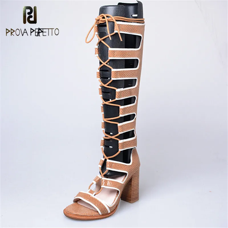 

Prova Perfetto Summer New Style Thick Heel Thick Bottom Fashion Boots Sandals Sheepskin Mixed Colors Cross Strap Long Boots