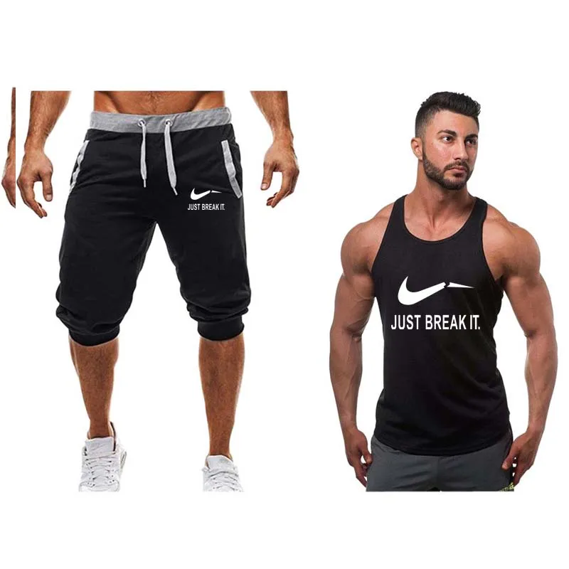

Newest Men Casual Suit Brand Logo Print short pant +tank top Men Funny Suit Summer Cotton Short sleeves jersey joggers Tops