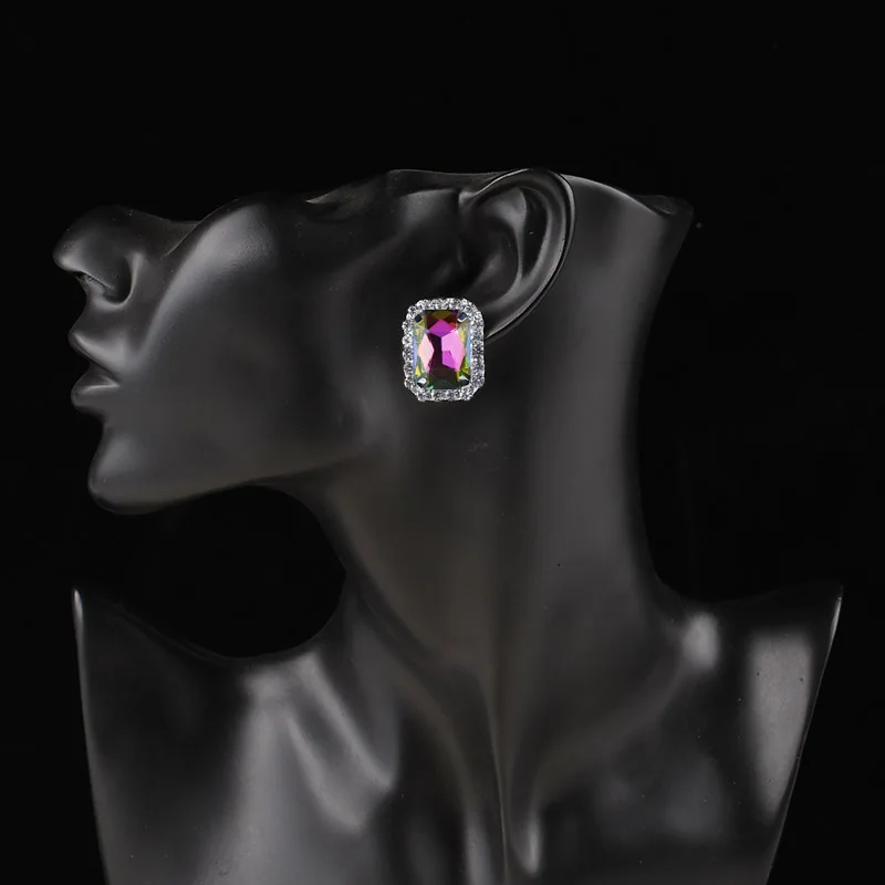 Fashion Pink Multicolor Crystal Oblong Clip Earrings For Women Jewelry Rhinestones Bridal Earrings Wedding Prom Jewelry Gifts ear clip earrings clip earrings ear clip