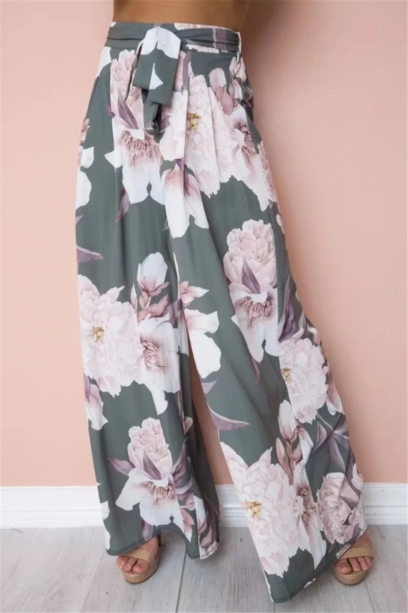 Casual High Waist Long Pant Sexy Floral Print Wide Leg Pants 2019 Summer Bohemian Elastic Waist Belt Beach Pants Casual High Waist Long Pant Sexy Floral Print Wide Leg Pants 2019 Summer Bohemian Elastic Waist Belt Beach Pants