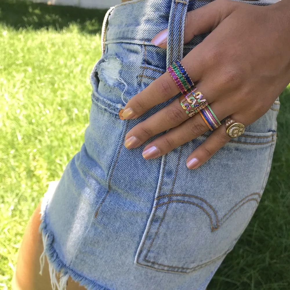 

2019 latest new design girlfriend gift Alphabet love letter paved rainbow cubic zirconia gold color band ring