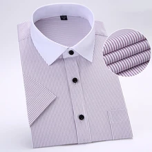 Летние лоскутные белые квадратные воротнички с коротким рукавом нежелезные легко ухаживать обычные подходят полосатые платья рубашки для деловых мужчин