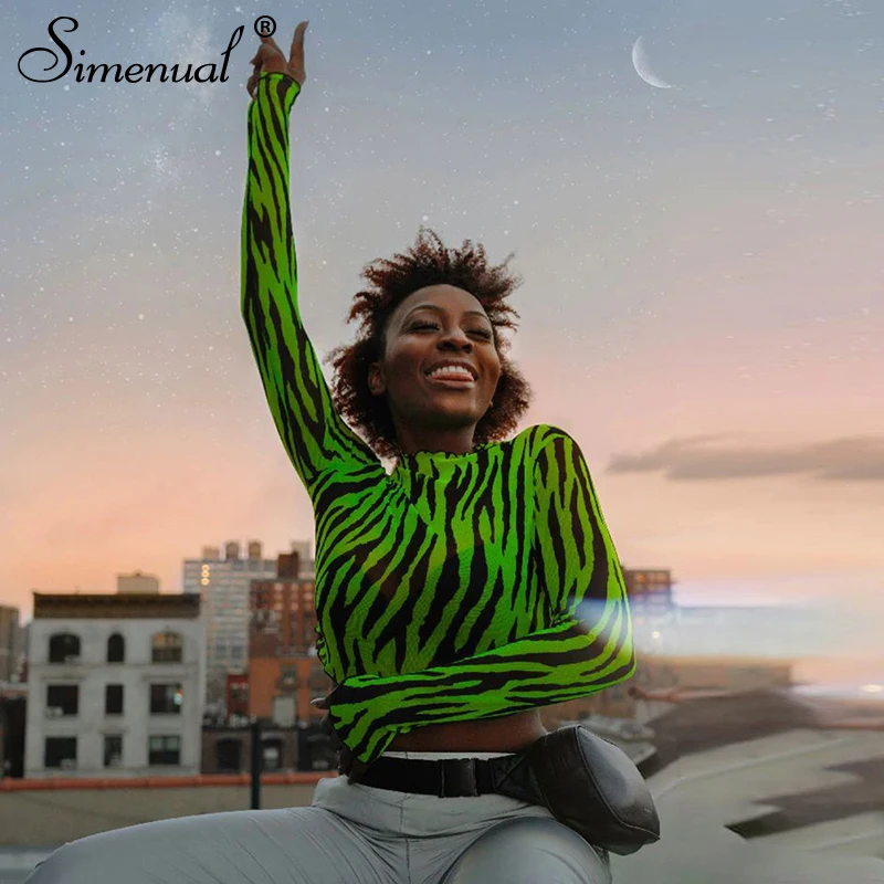 

Simenual Mesh Sexy Hot T Shirts for Women Zebra Transparent Crop Top Ruffles Summer 2019 Long SLeeve Tees Hollow Out Casual Tops