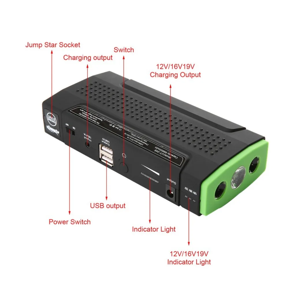 

Multifunctional 12V 68800mAh Car Jump Starter Portable Vehicle Power Auto Emergency Mini Engine Booster Power Bank