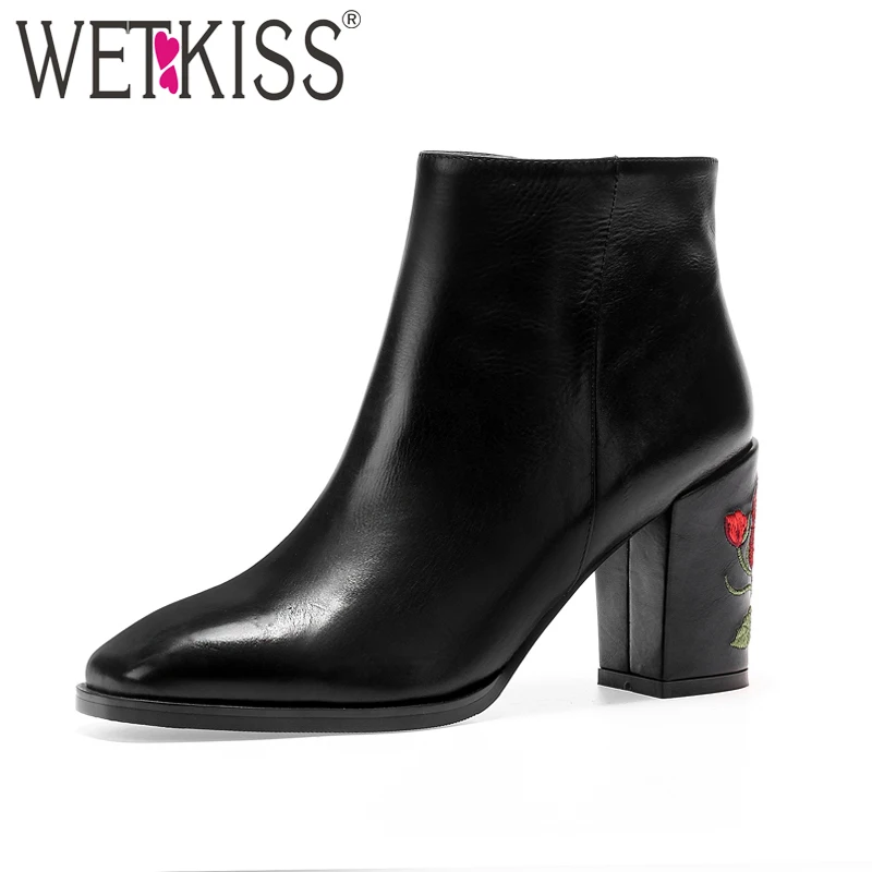 

WETKISS Embroider Ankle Boots Women Genuine Leather Spring Footwear Pigskin Liner Thick High Heels Boots Dress Shoes Square toe