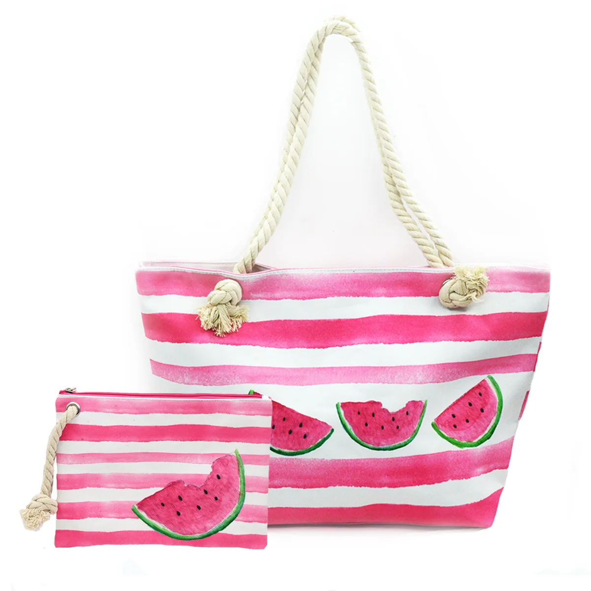 BONAMIE 2Pcs/lot Flamingo Women Tote Handbags Canvas Female Single Shoulder Bags Casual Hemp Rope Beach Bags Set Wet Bikini Bag - Цвет: Watermelon Set