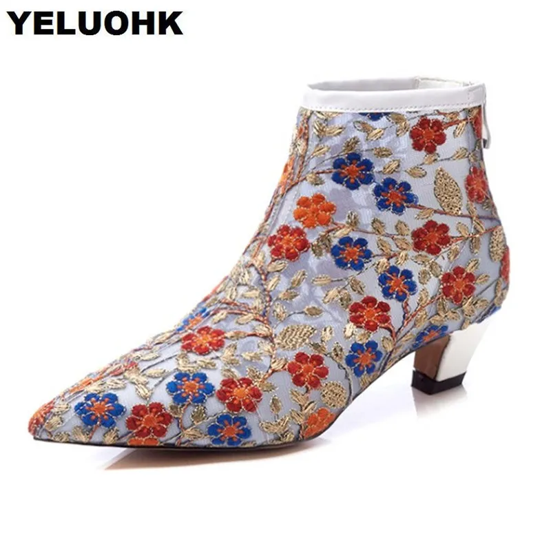 

Brand New Summer Boots Women High Heels Pointed Toe Low Heel Ladies Shoes Air Mesh Breathable Shoes Women Pumps Flowers