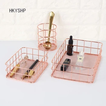

HKYSHP Creative rose gold desktop storage basket wrought iron pen holder basket modern home school stationery office supplies