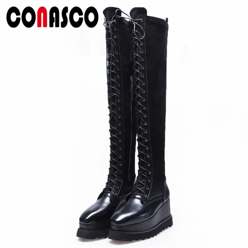 

CONASCO Punk Rock Women Over The Knee High Boots Wedges High Heels Party Long Shoes Woman Warm Winter Snow Boots Tight High Boot