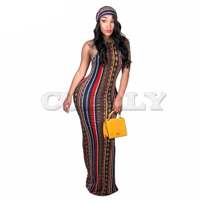 Image CUERLY Striped Printed Vintage Bohemian Dress Women O Neck Sleeveless Plus Size Dress Casual Vocation Maxi Dress With Head Scarf