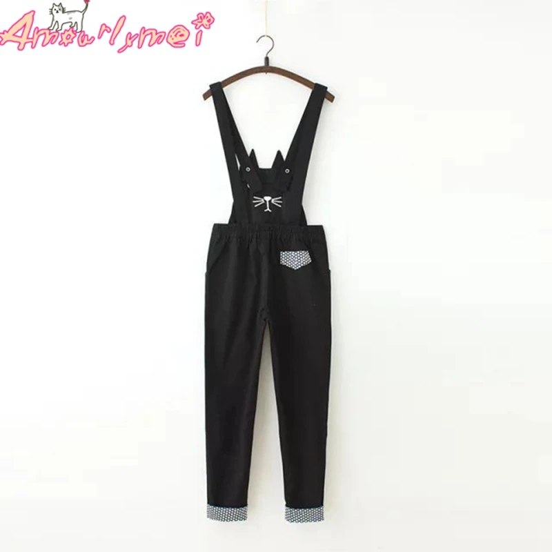 

Spring Fall Women Jumpsuits Slim-type Overalls Japanese Mori Girl Kawaii Cat Embroidery Female Pants Cute Casual Rompers XS-4XL