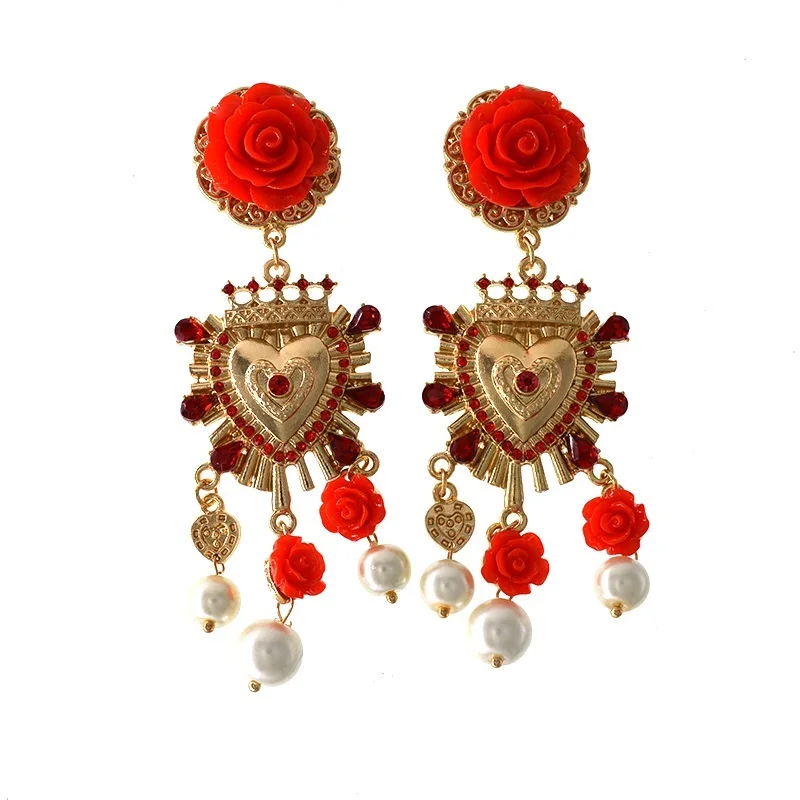 

New Fashion Gold Color Rhinestones Earrings For Women Heart-shaped Red Rose Flower Drop Earring Personality Women Charm Jewelry