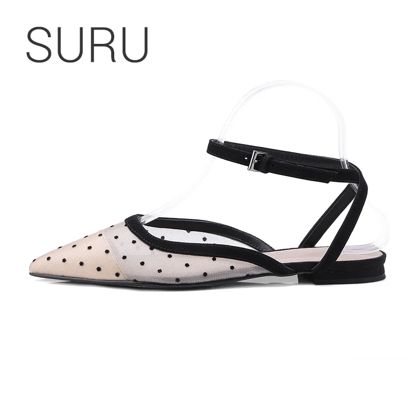 

SURU Ladies Dot Mesh Slingbacks Sandals Women Ankle Strap low heel Pointed Toe Pumps