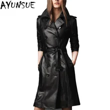 AYUNSUE/большие размеры; двубортные куртки из искусственной кожи; осень года; Черная ветровка; женские тренчи из искусственной кожи; LX1931