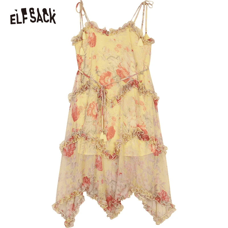 ELFSACK Yellow Floral Print Off Shoulder Strap
