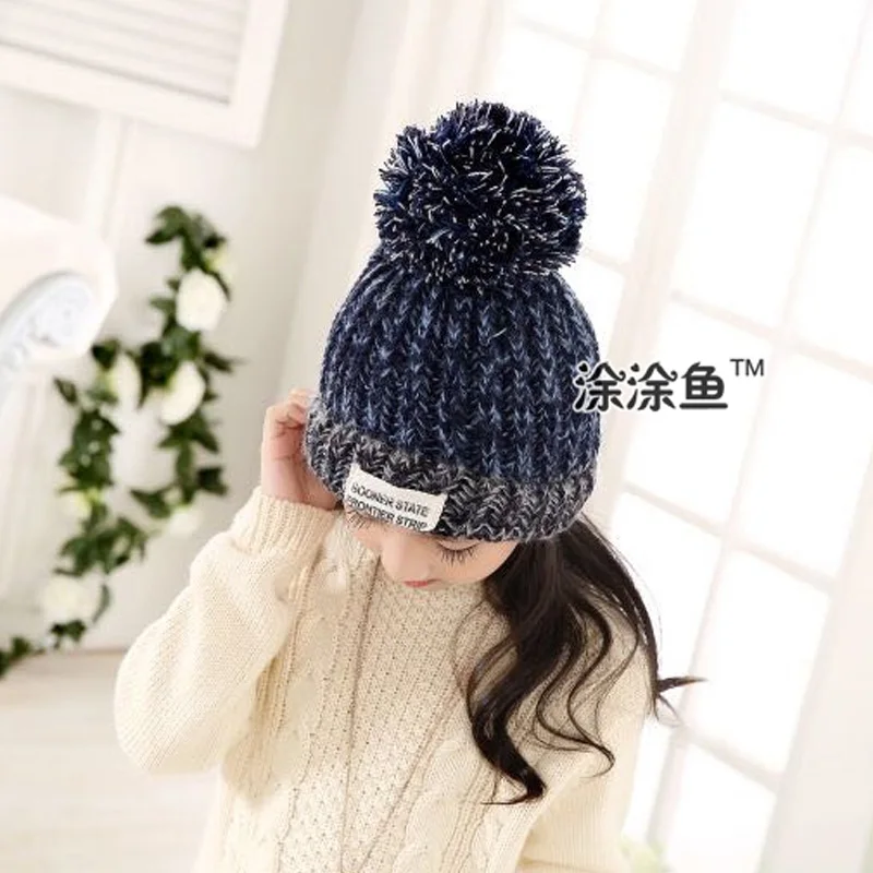 

2015 Winter Hats for Kids Beanie Knitted Caps, Children Crochet Hat, Colorful Big Balls Pompons Ear Casual Cap Chapeu Feminino