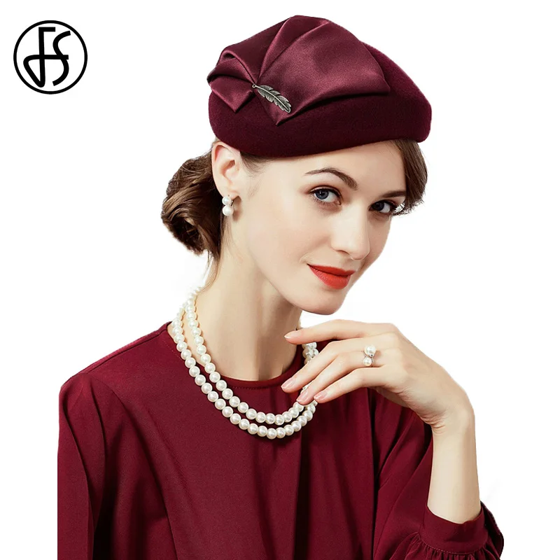 

FS Elegant Lady 100% Wool Hair Fascinators For Wedding Women Church Hat Black Wine Red With Flower Pillbox Hats Felt Fedoras