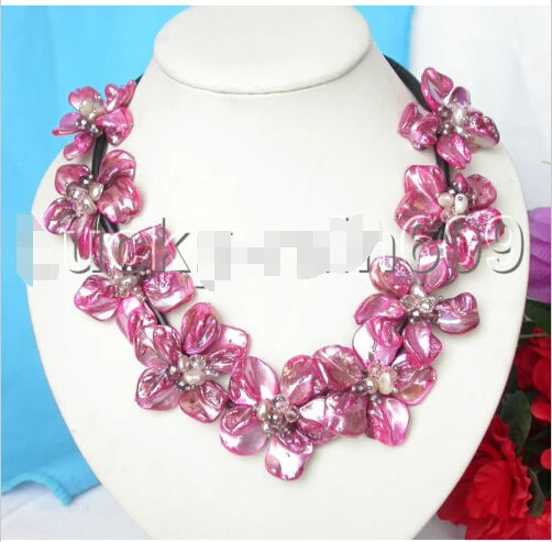 

FREE SHIPPING ******baroque 9bloom pink seashell white pearls choker leather necklace e1279