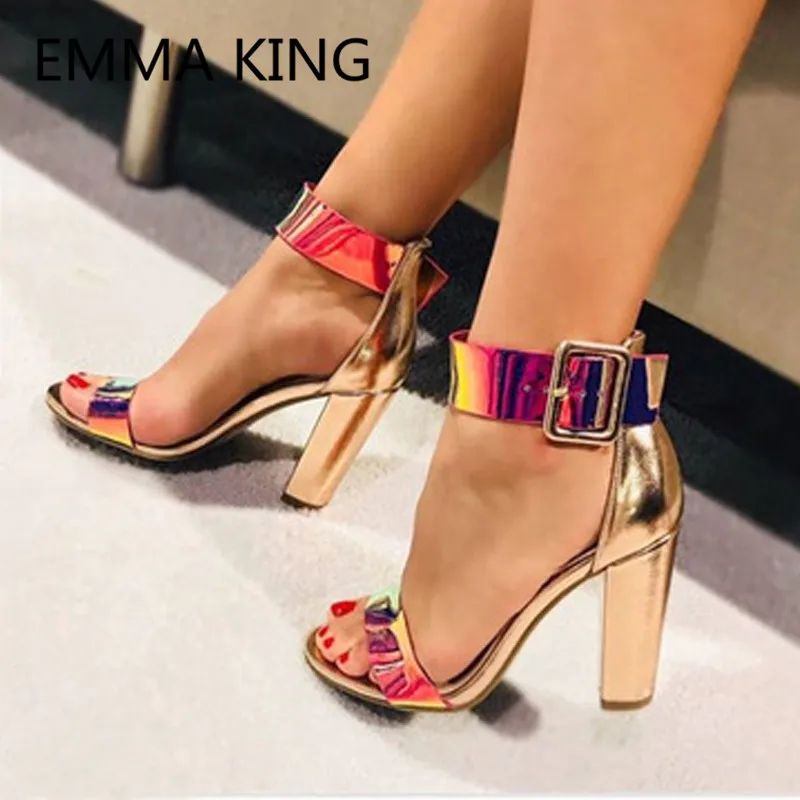 

New Fashion Laser Women Gladiator Sandals Open Toe Ankle Buckle Strap Chunky High Heels Ladies Runway Shoes Woman Party Sandals