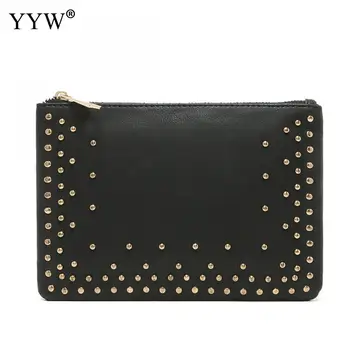 

YYW 2018 Women Pu Leather Clutch Bag Rivet Purses And Handbags Studded Rectangle Solid Black Day Clutches Carteras Bolsos Mujer