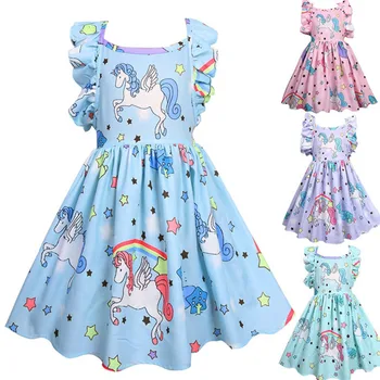 

Girl's Sleeveless 3D Digital Print Sweet Style Unicorns Painting Lotus Leaf Edge A-line Summer Dresses Casual Princess Dresses